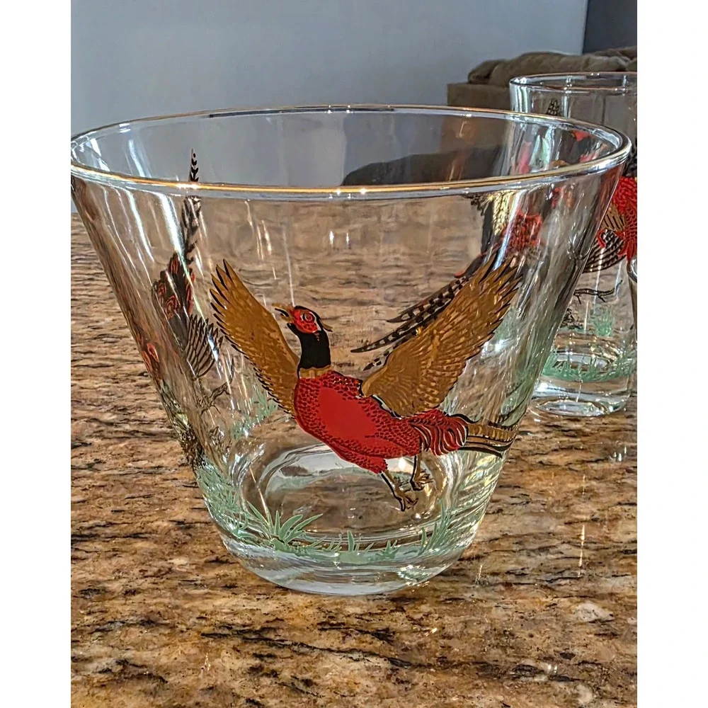 Vintage Pheasant Glassware Set 12pc Ice Bucket Highball Rocks Shot Glasses MCM